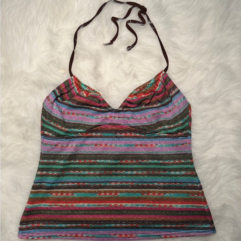 Kenneth Cole Reaction Colorful Sparkly Halter Top | Y2K Festival Summer | Size L